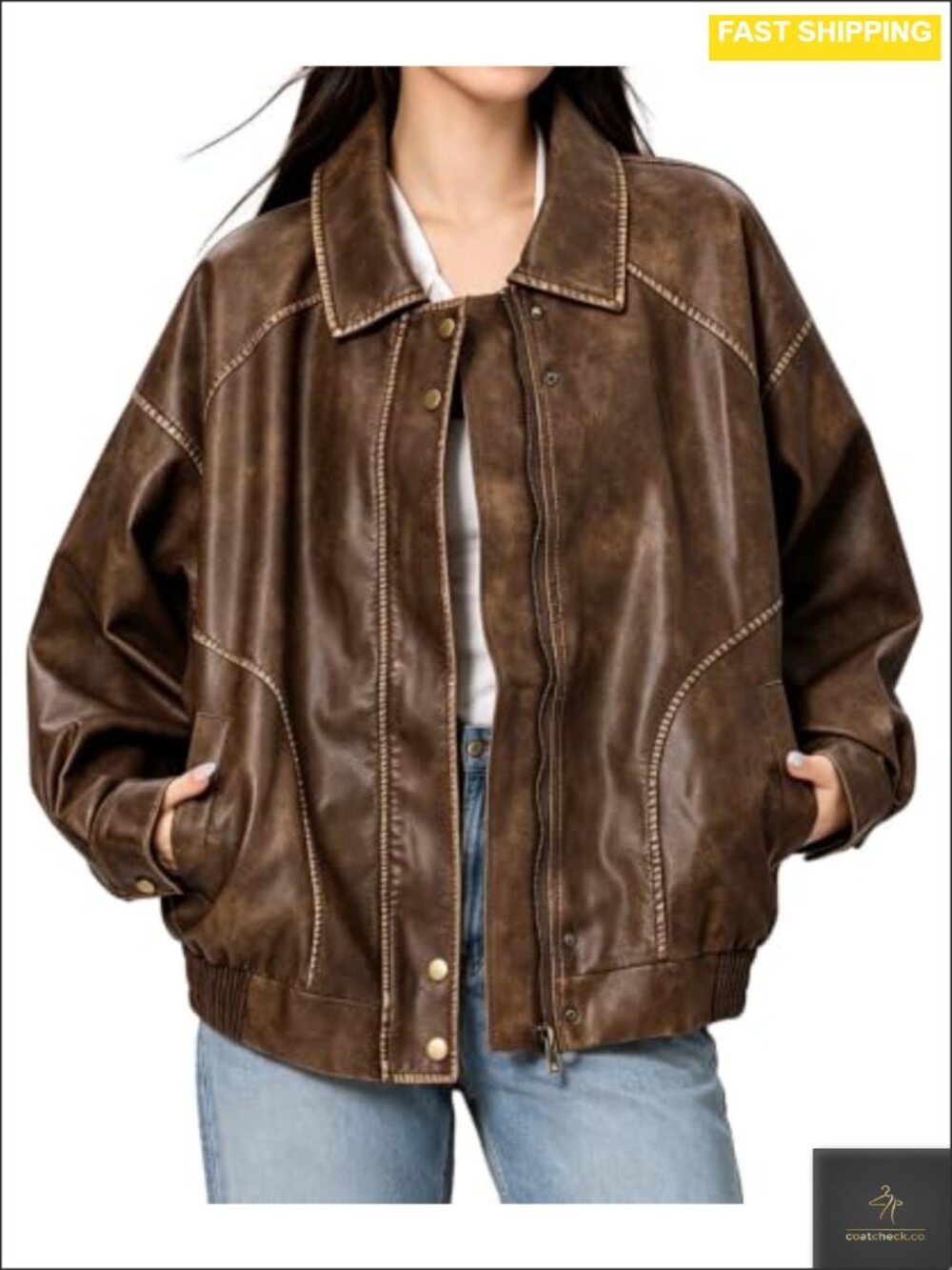 Oversized Faux Leather Jacket Distressed Vintage Motorcycle Moto Coat Y2K